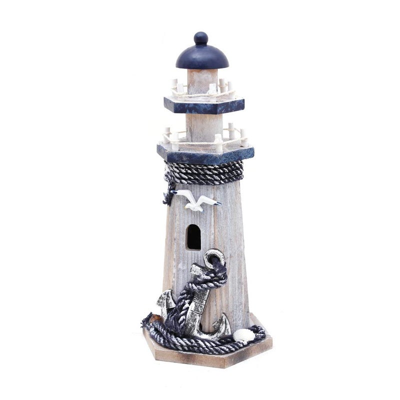 WHY DECOR Lighthouse Decor Nautical Decoration Wood Light House Figurine Beach House Coastal Decor Table Ocean Seaside Theme Home Lake House Bathroom Shelf Centerpiece 10.25" Blue - Image 1